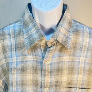 Robert Talbott Men's tan and blue plaid long sleeve 100% Linen shirt XL EUC